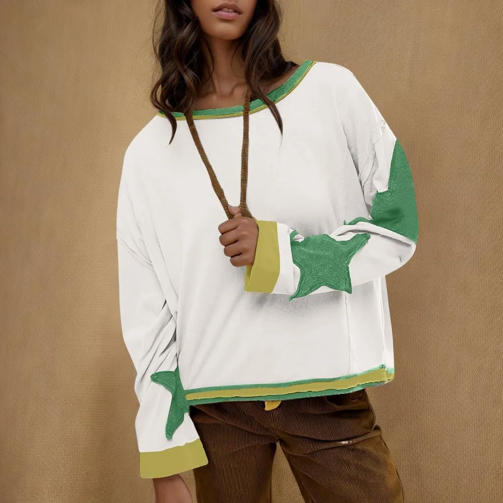 Star Sweatshirts for Women Trendy 2024 Long Sleeve Pullover Shirt Oversized Drop Shoulder Retro Blouse Fall Tunics