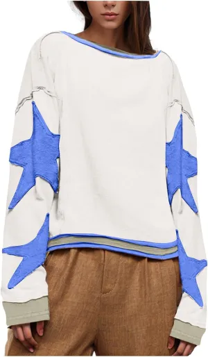 Star Sweatshirts for Women Trendy 2024 Long Sleeve Pullover Shirt Oversized Drop Shoulder Retro Blouse Fall Tunics