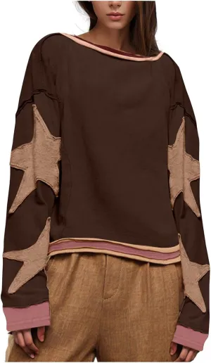 Star Sweatshirts for Women Trendy 2024 Long Sleeve Pullover Shirt Oversized Drop Shoulder Retro Blouse Fall Tunics