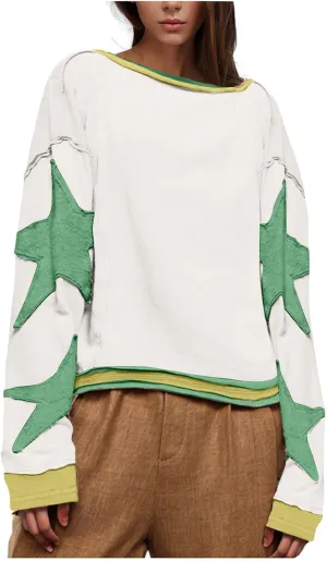 Star Sweatshirts for Women Trendy 2024 Long Sleeve Pullover Shirt Oversized Drop Shoulder Retro Blouse Fall Tunics