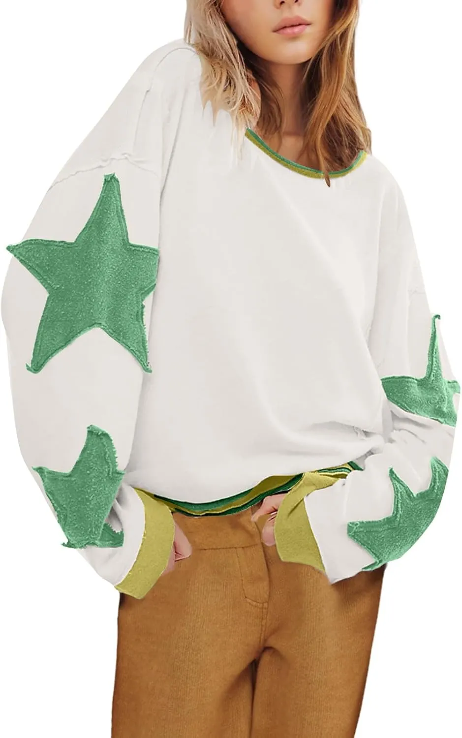 Star Sweatshirts for Women Trendy 2024 Long Sleeve Pullover Shirt Oversized Drop Shoulder Retro Blouse Fall Tunics