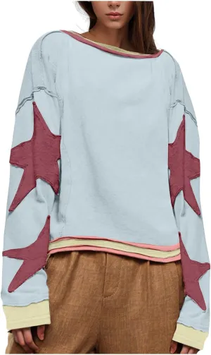 Star Sweatshirts for Women Trendy 2024 Long Sleeve Pullover Shirt Oversized Drop Shoulder Retro Blouse Fall Tunics