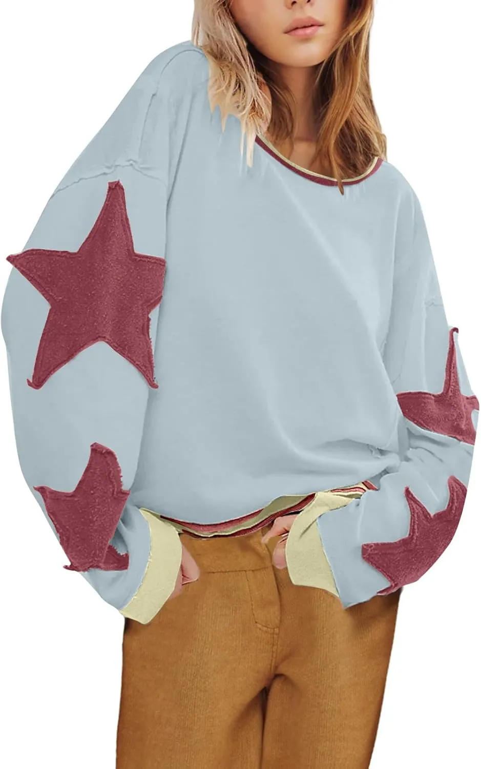 Star Sweatshirts for Women Trendy 2024 Long Sleeve Pullover Shirt Oversized Drop Shoulder Retro Blouse Fall Tunics