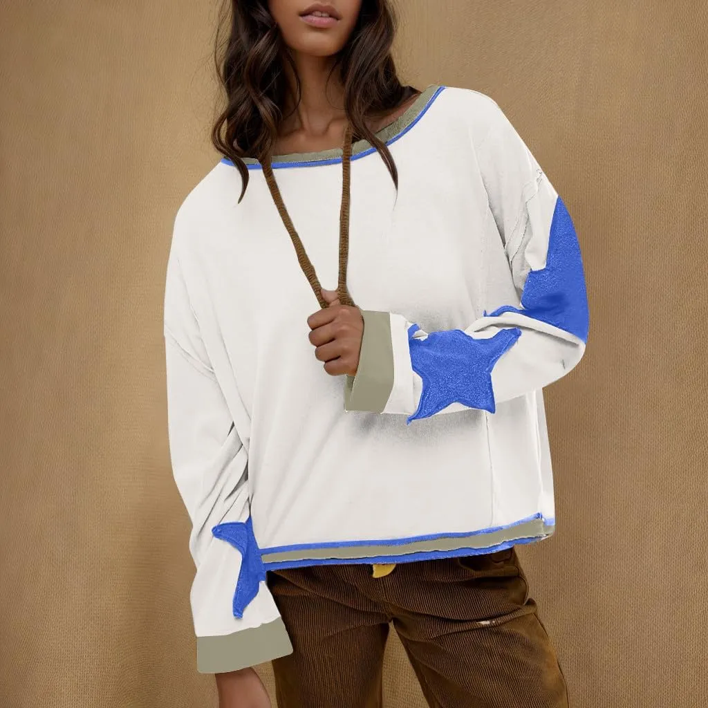 Star Sweatshirts for Women Trendy 2024 Long Sleeve Pullover Shirt Oversized Drop Shoulder Retro Blouse Fall Tunics