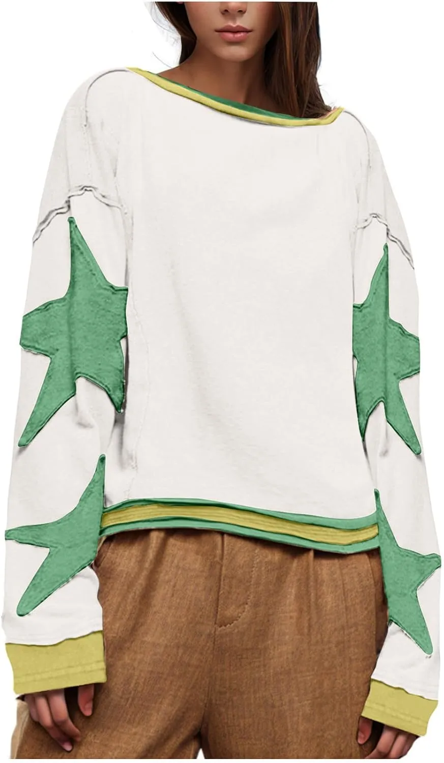 Star Sweatshirts for Women Trendy 2024 Long Sleeve Pullover Shirt Oversized Drop Shoulder Retro Blouse Fall Tunics