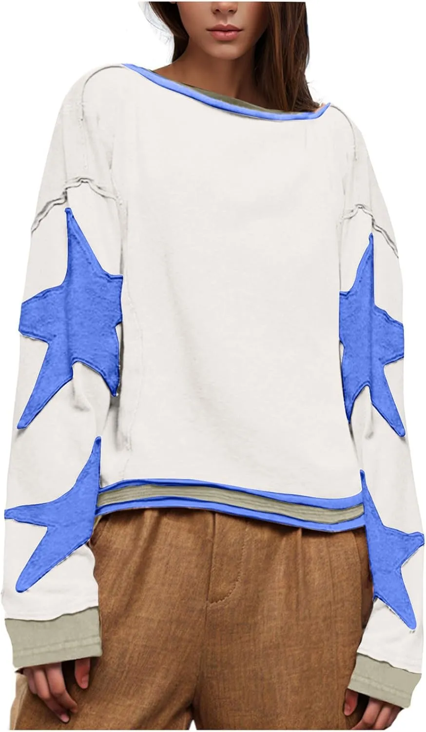 Star Sweatshirts for Women Trendy 2024 Long Sleeve Pullover Shirt Oversized Drop Shoulder Retro Blouse Fall Tunics