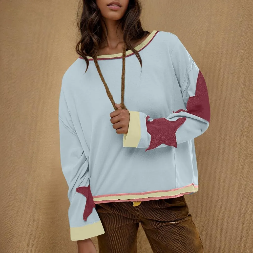 Star Sweatshirts for Women Trendy 2024 Long Sleeve Pullover Shirt Oversized Drop Shoulder Retro Blouse Fall Tunics
