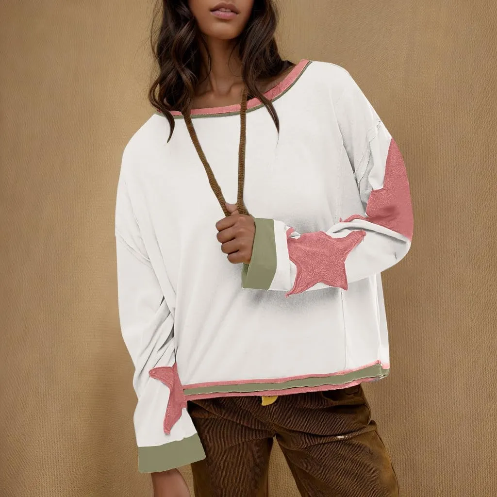 Star Sweatshirts for Women Trendy 2024 Long Sleeve Pullover Shirt Oversized Drop Shoulder Retro Blouse Fall Tunics