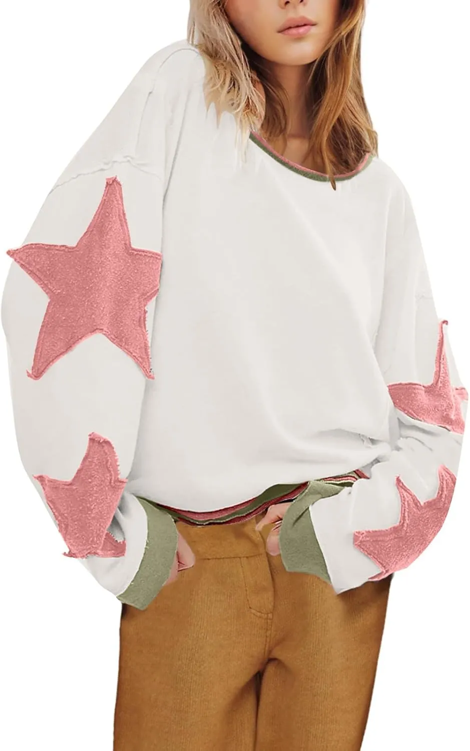 Star Sweatshirts for Women Trendy 2024 Long Sleeve Pullover Shirt Oversized Drop Shoulder Retro Blouse Fall Tunics