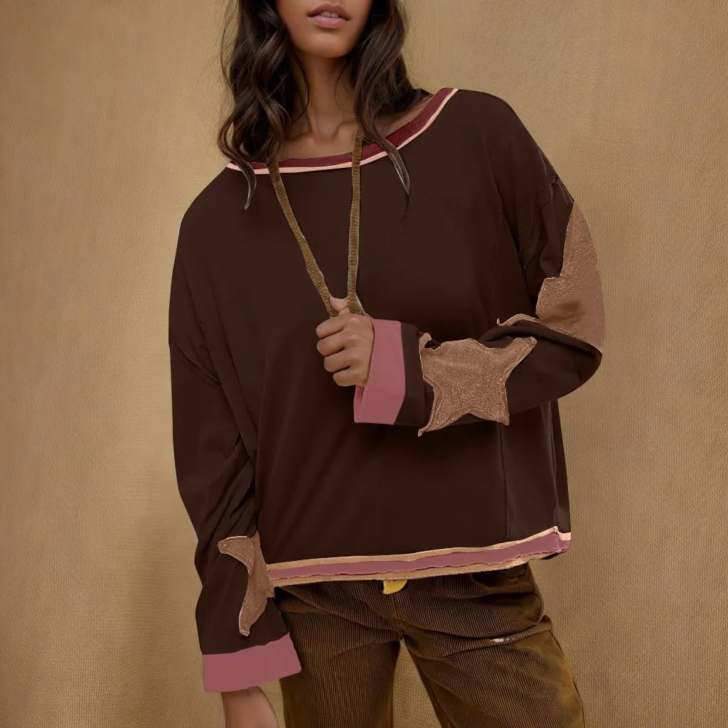 Star Sweatshirts for Women Trendy 2024 Long Sleeve Pullover Shirt Oversized Drop Shoulder Retro Blouse Fall Tunics