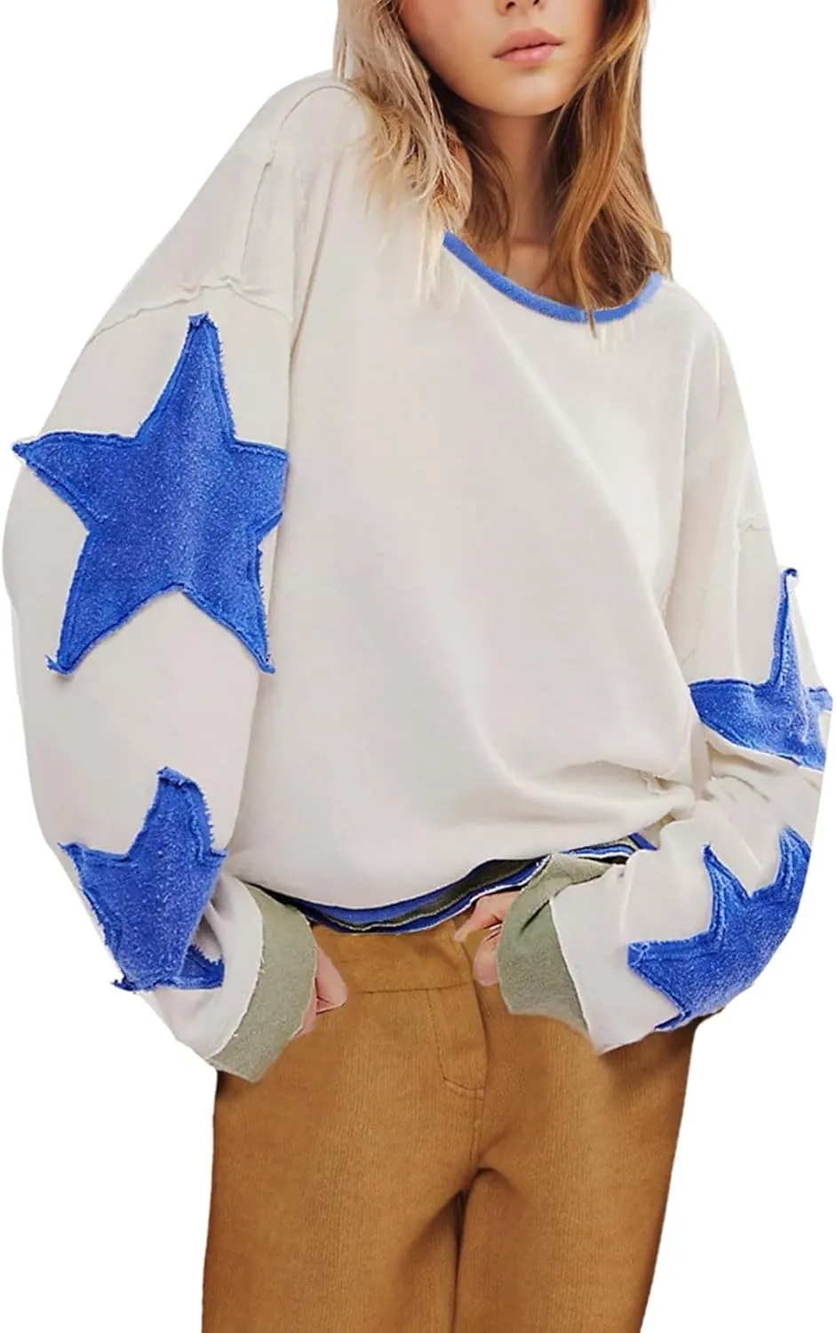 Star Sweatshirts for Women Trendy 2024 Long Sleeve Pullover Shirt Oversized Drop Shoulder Retro Blouse Fall Tunics
