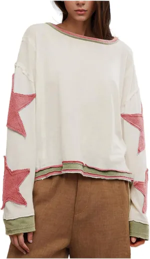 Star Sweatshirts for Women Trendy 2024 Long Sleeve Pullover Shirt Oversized Drop Shoulder Retro Blouse Fall Tunics