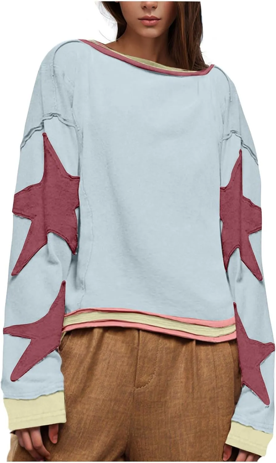 Star Sweatshirts for Women Trendy 2024 Long Sleeve Pullover Shirt Oversized Drop Shoulder Retro Blouse Fall Tunics