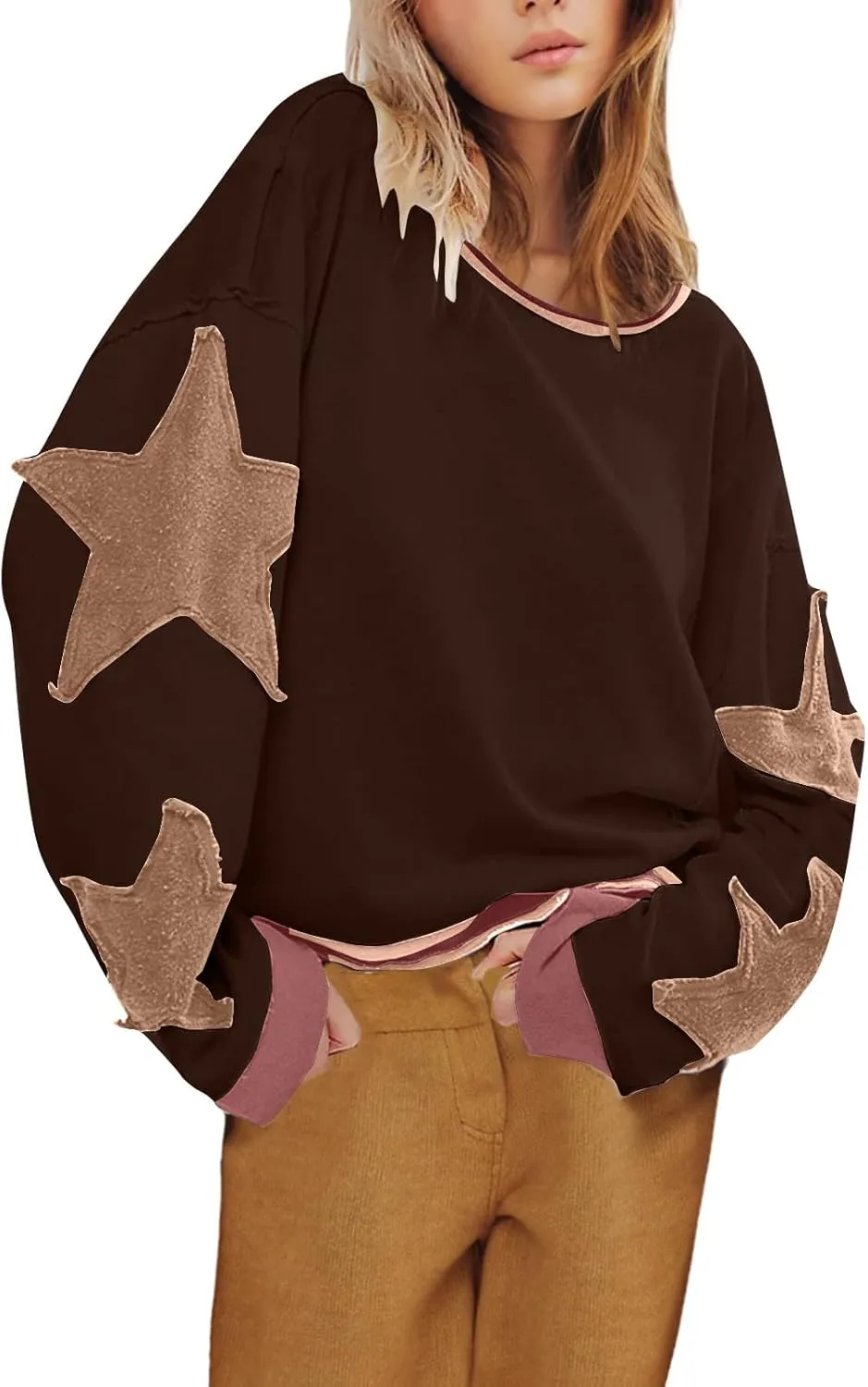 Star Sweatshirts for Women Trendy 2024 Long Sleeve Pullover Shirt Oversized Drop Shoulder Retro Blouse Fall Tunics