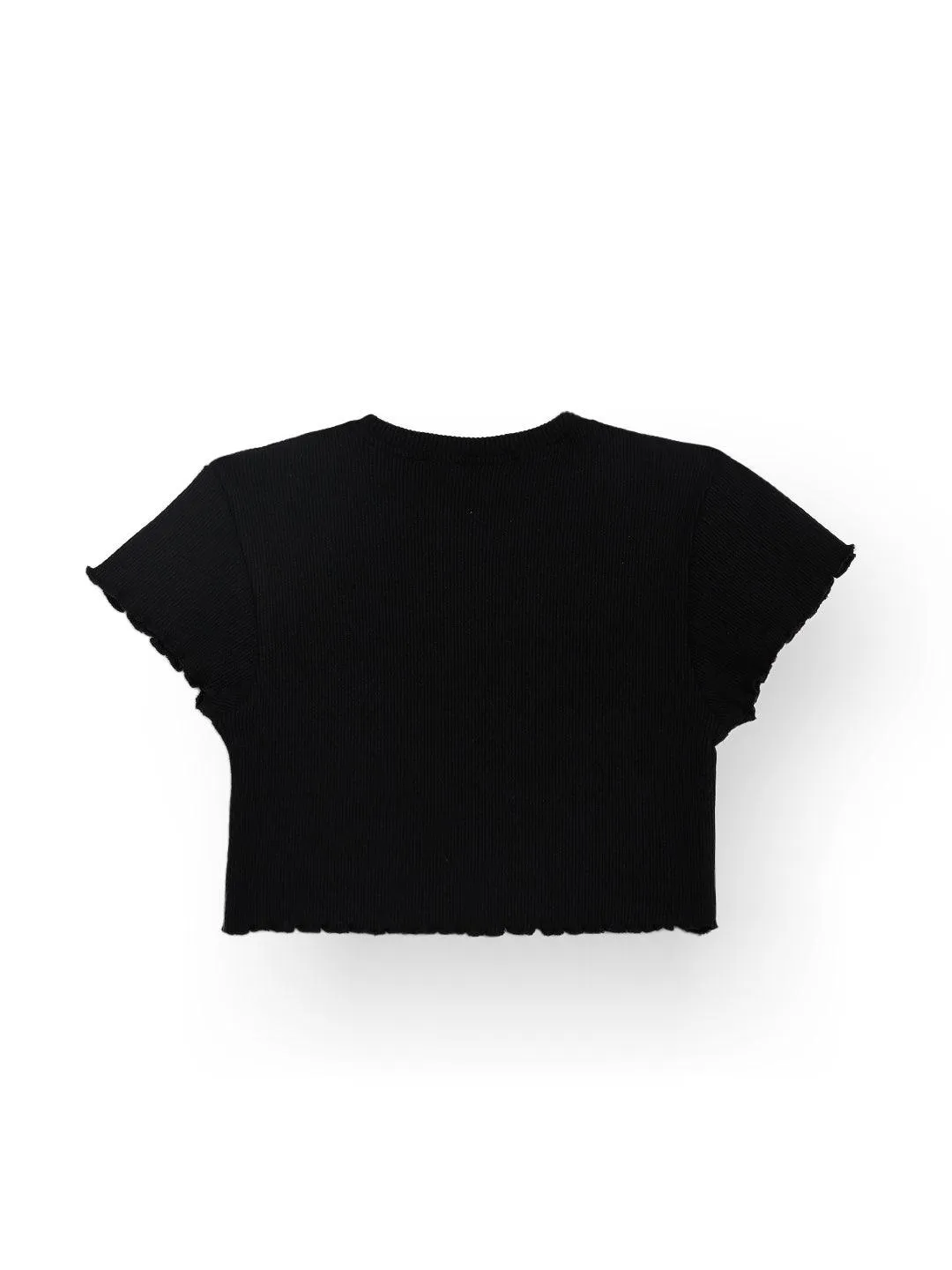 STRIPED RIBBED BLACK SUMMER GIRLS T-SHIRT - BLACK