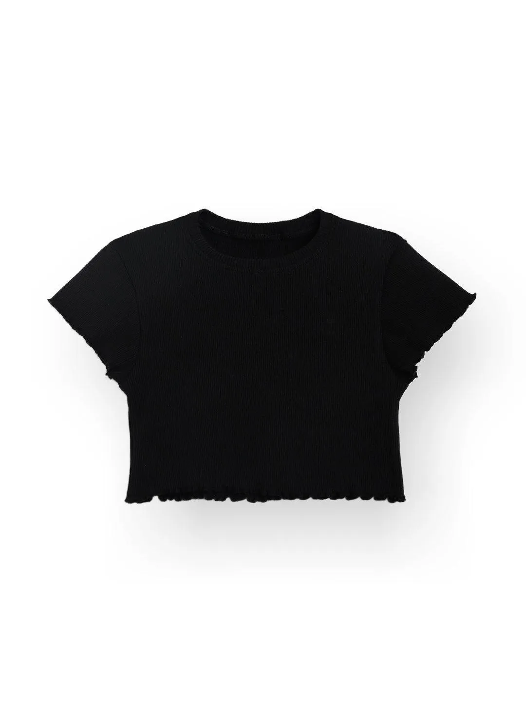 STRIPED RIBBED BLACK SUMMER GIRLS T-SHIRT - BLACK