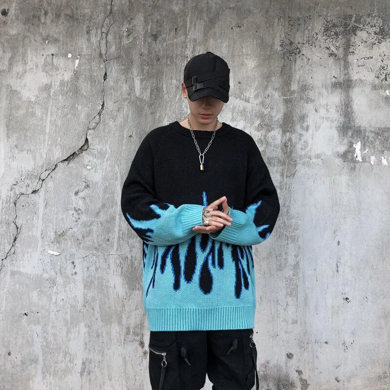 Sweater Men Streetwear Retro Flame Pattern Hip Hop Autumn New Pull Over Spandex O-neck Oversize Couple Casual Men's Sweaters