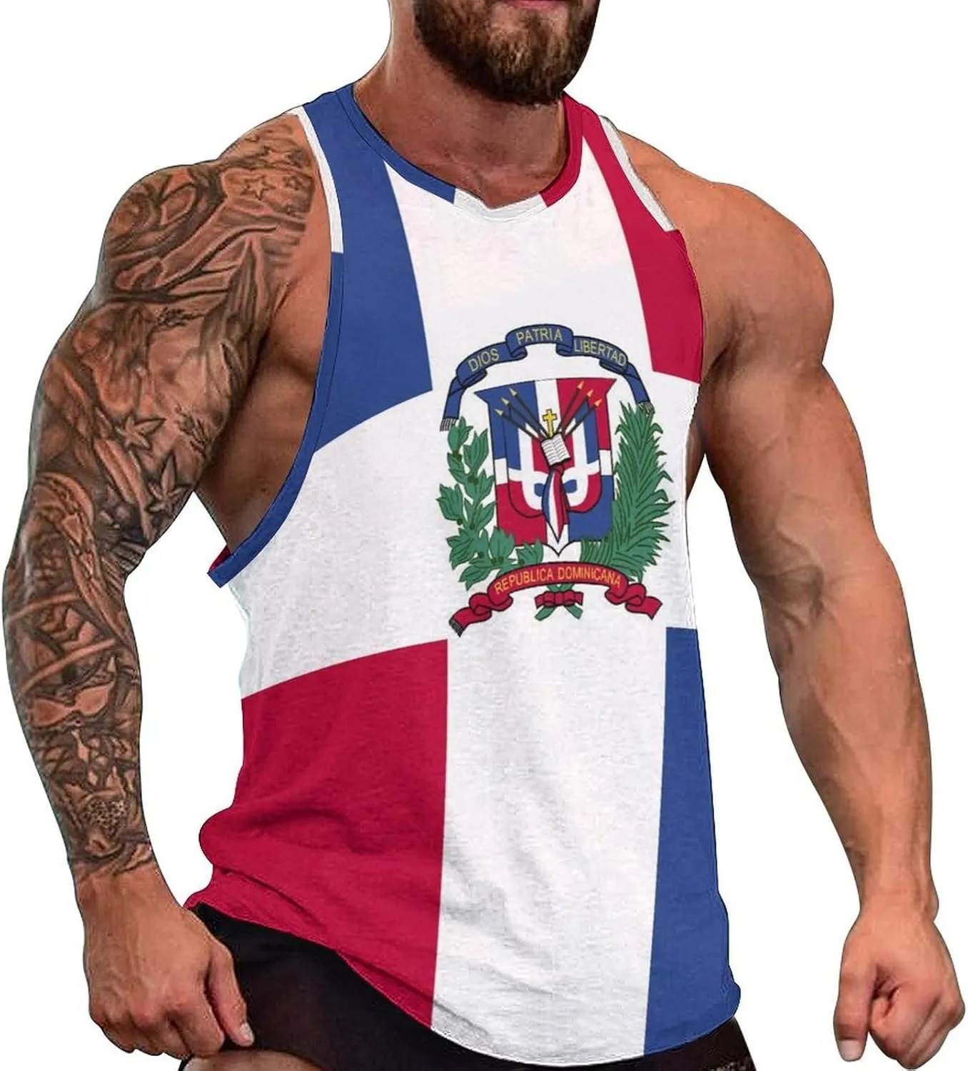 TAIZIYEAH Dominican Flag Mens Workout Tank Tops Gym Loose Fit Sleeveless Shirt Summer Beach Crewneck Breathable Tees