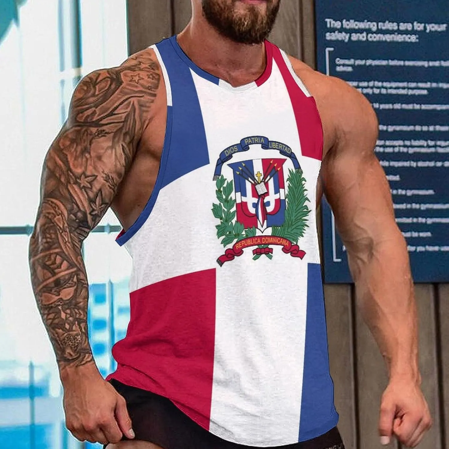 TAIZIYEAH Dominican Flag Mens Workout Tank Tops Gym Loose Fit Sleeveless Shirt Summer Beach Crewneck Breathable Tees