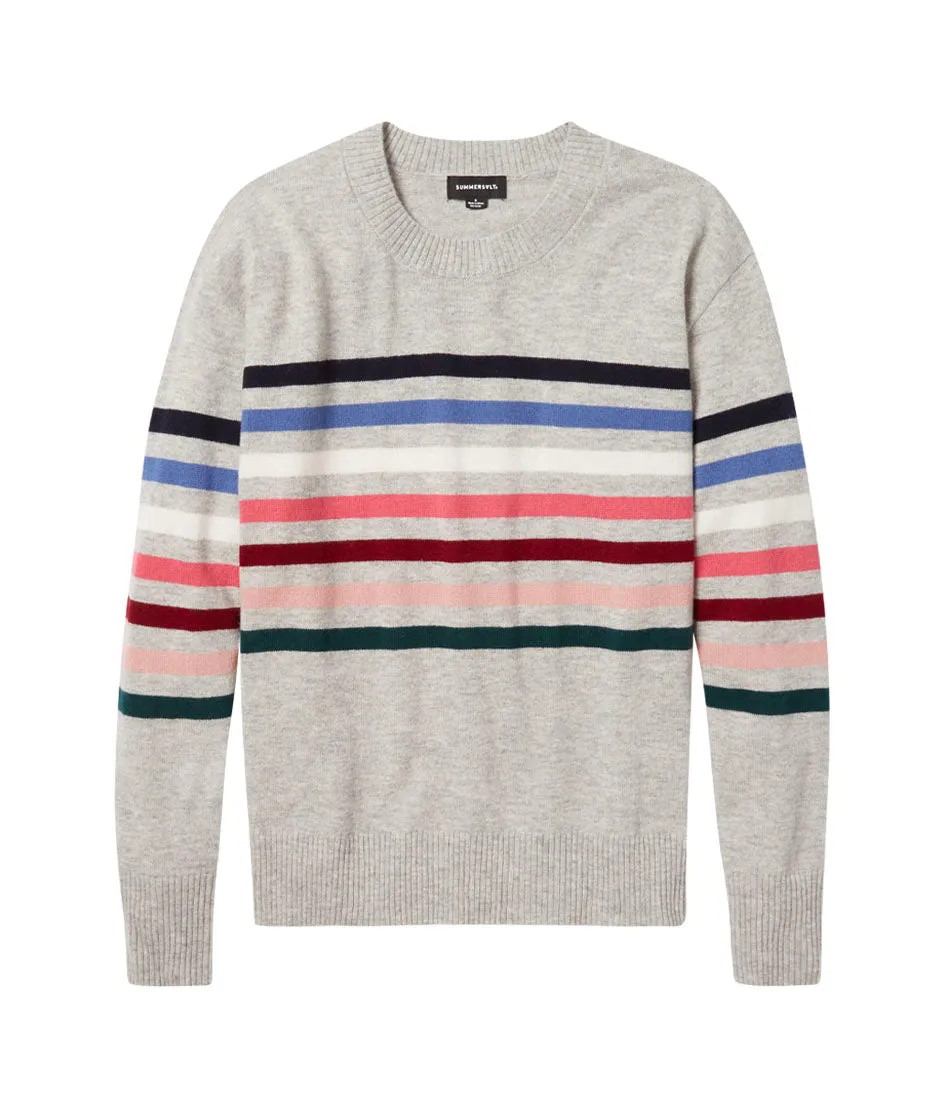 The Coziest Cashmere Blend Striped Crew - Rainbow Stripe on Wolf