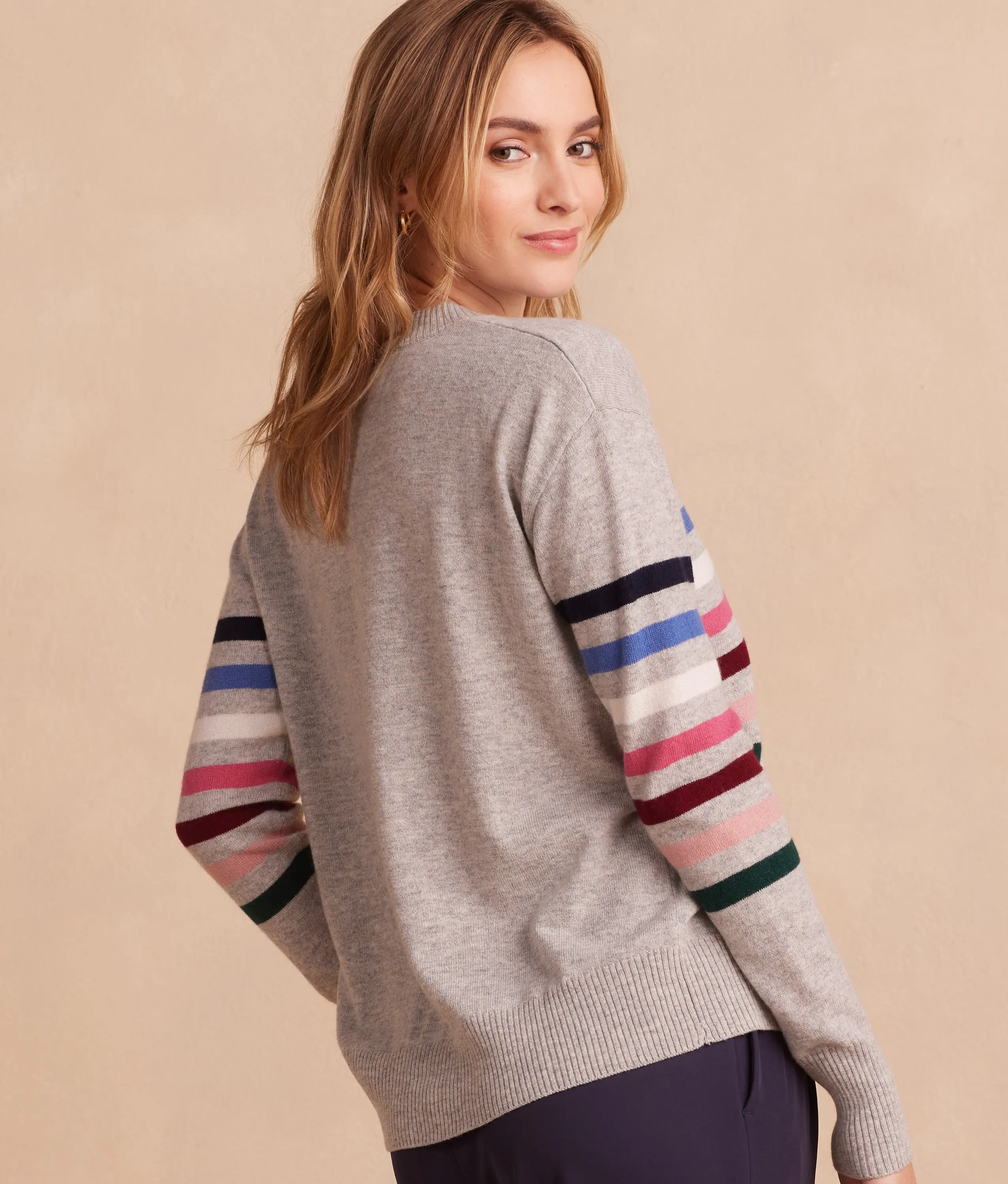 The Coziest Cashmere Blend Striped Crew - Rainbow Stripe on Wolf