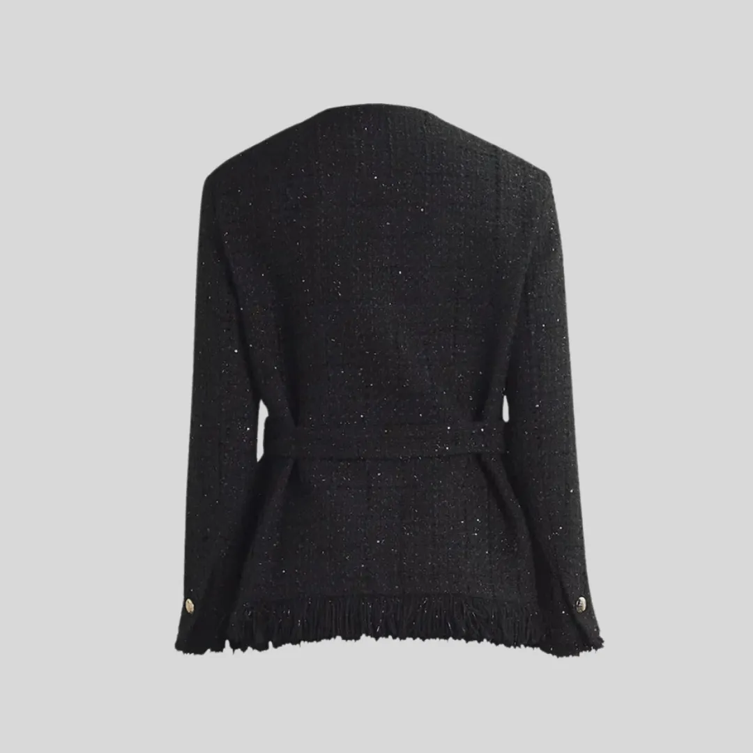 Tweed Blazer with Waistband Belt Detail - Black