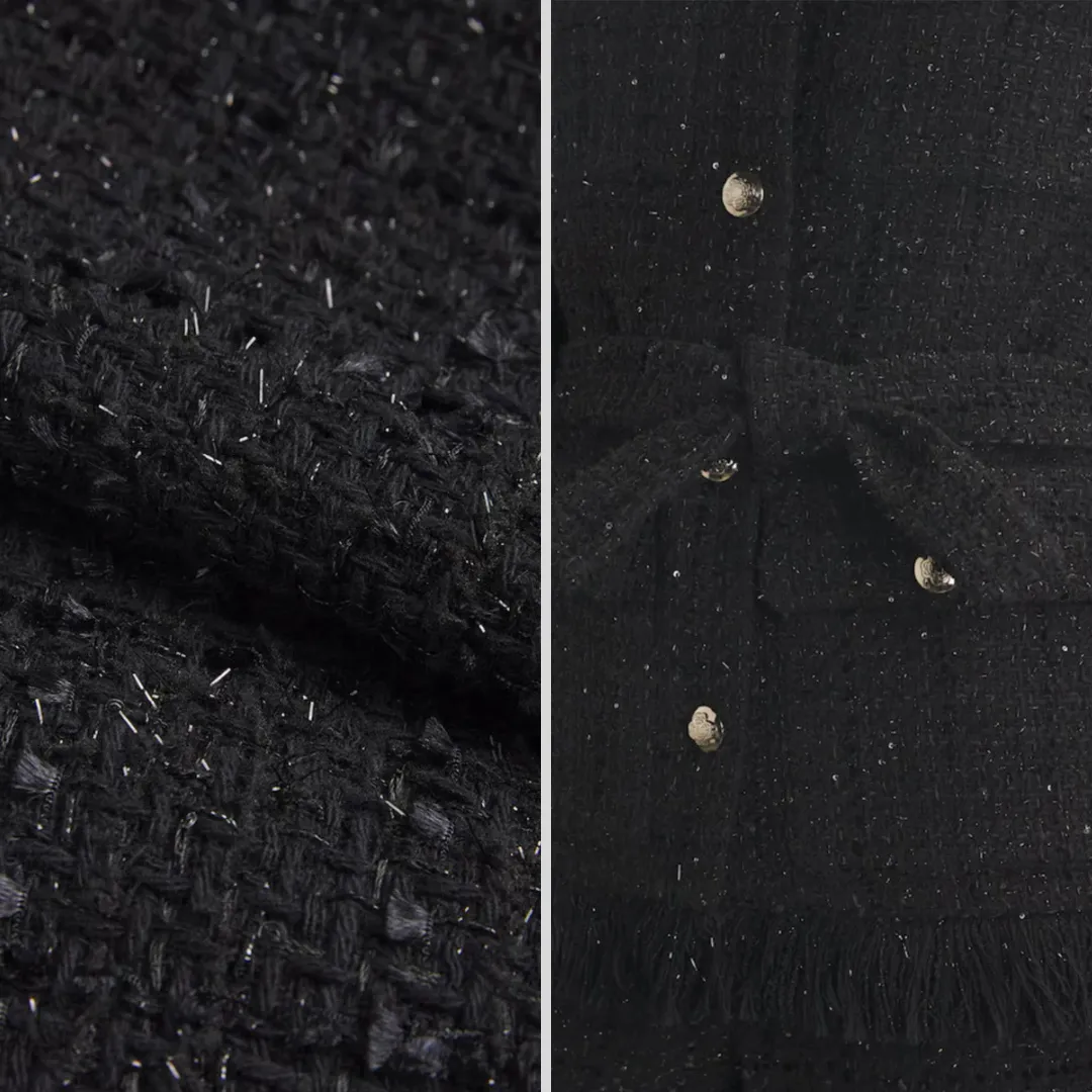 Tweed Blazer with Waistband Belt Detail - Black