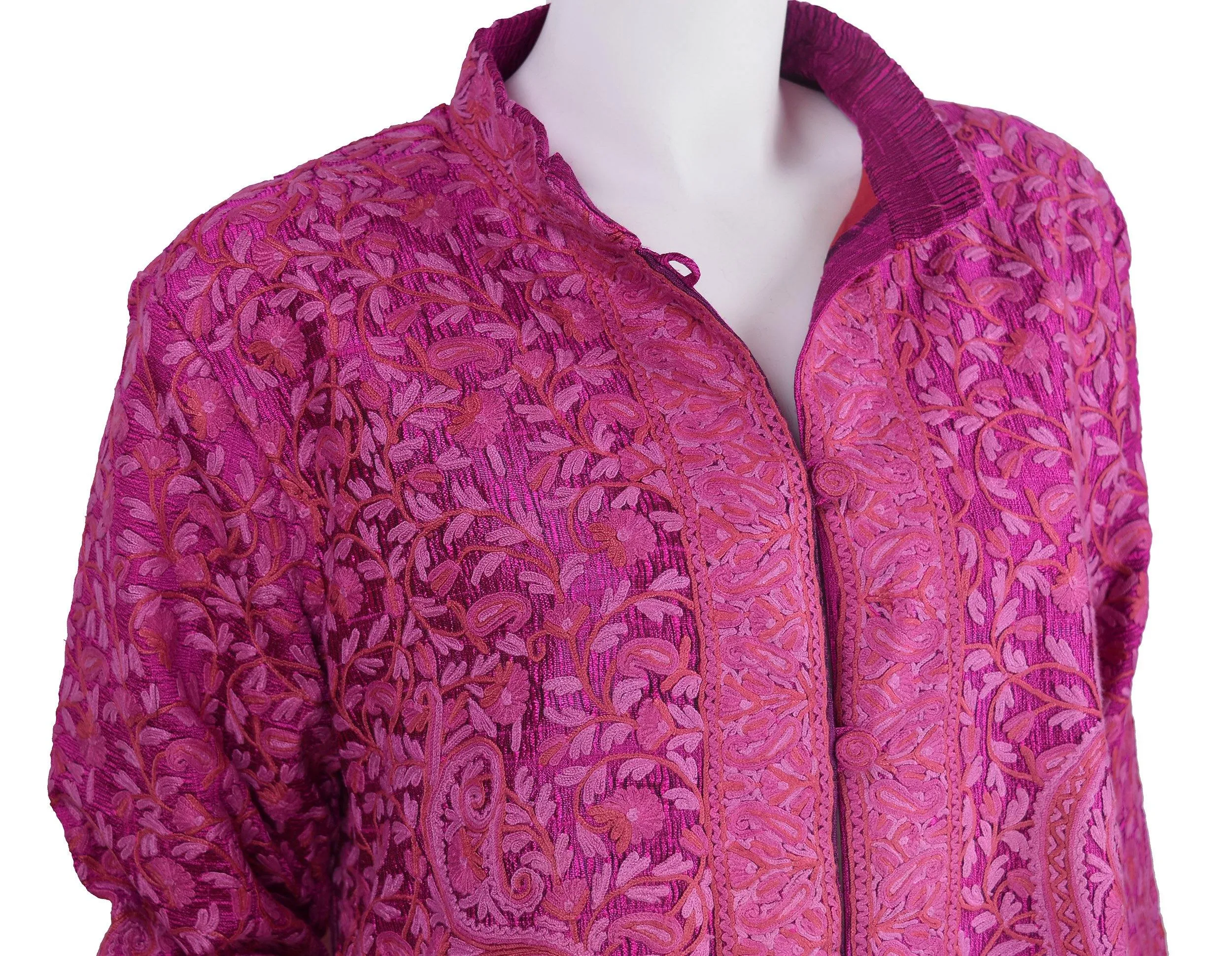 Venus Magenta Pink Silk Jacket Dinner Paisley Floral Evening Dress Coat Hand Embroidered Kashmir