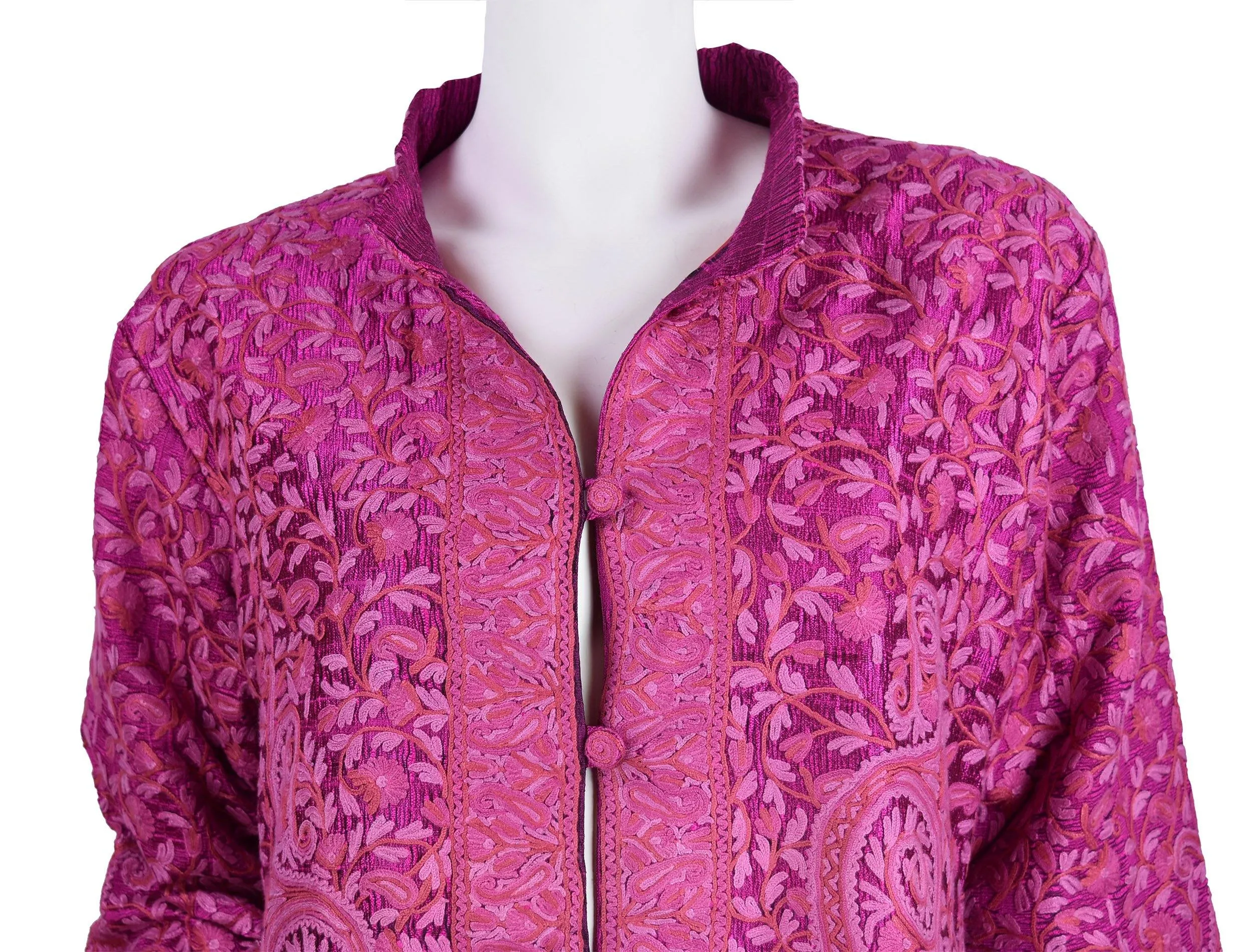 Venus Magenta Pink Silk Jacket Dinner Paisley Floral Evening Dress Coat Hand Embroidered Kashmir