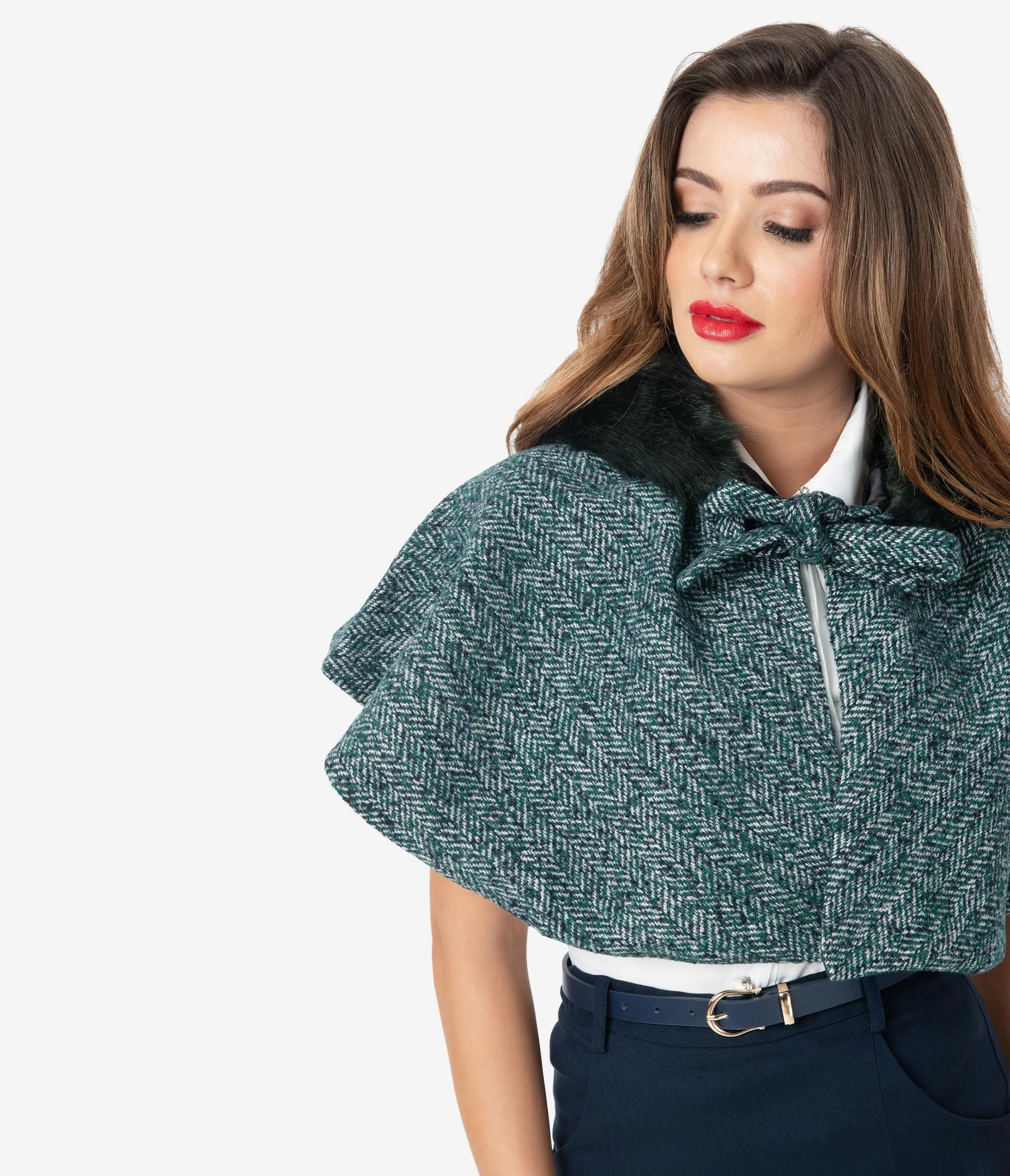 Voodoo Vixen 1940s Teal Herringbone Fur Hood Capelet