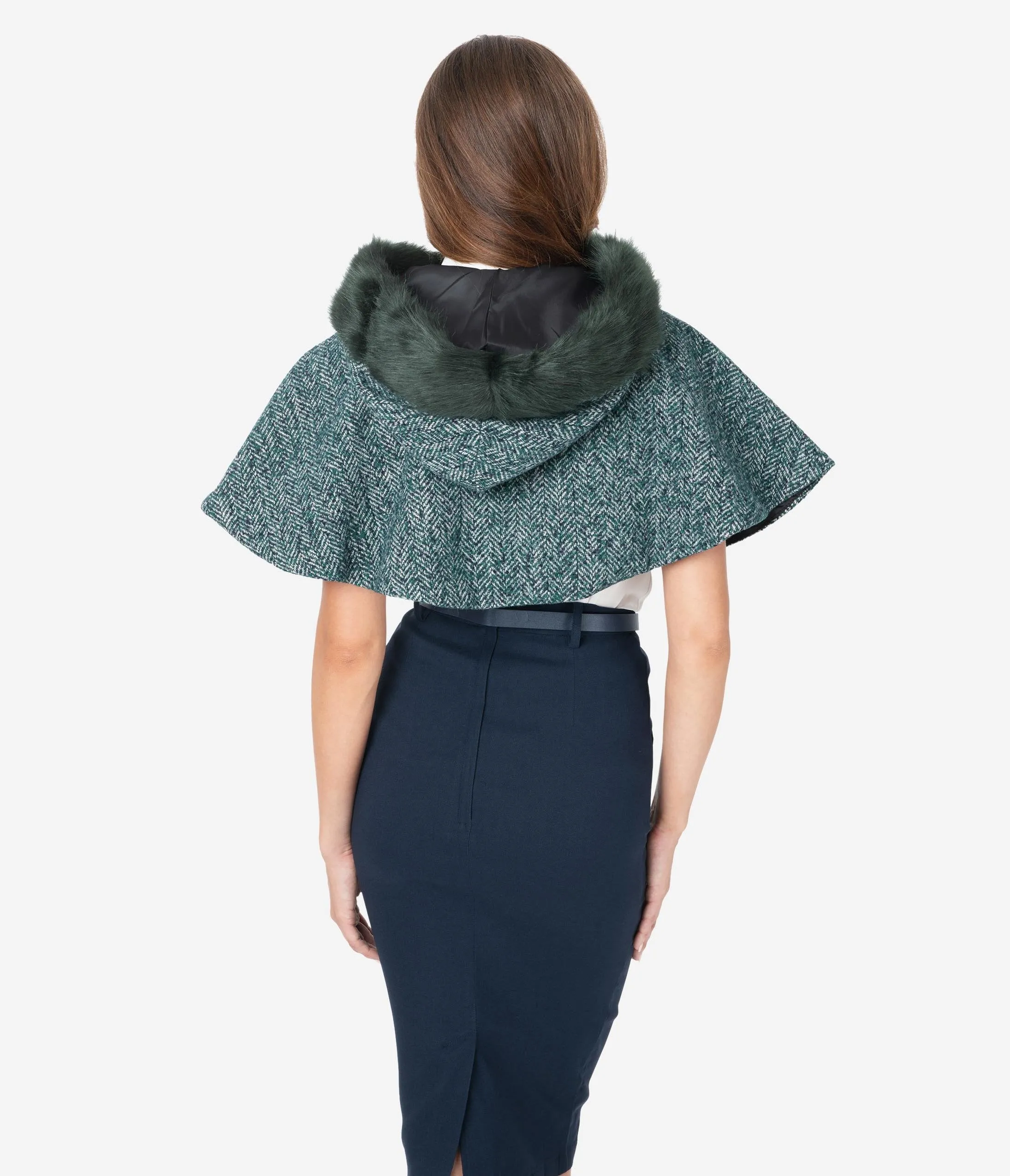 Voodoo Vixen 1940s Teal Herringbone Fur Hood Capelet
