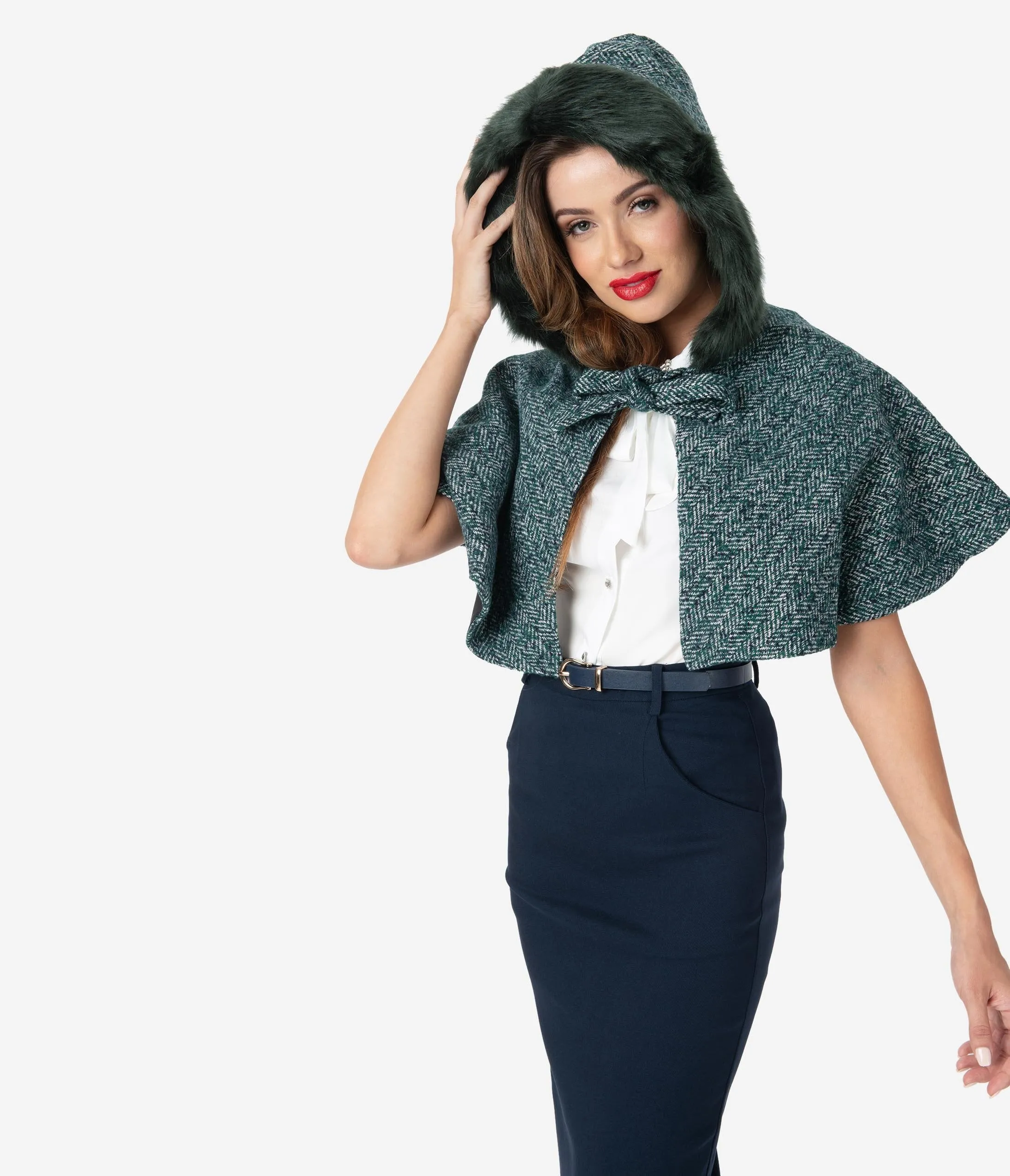Voodoo Vixen 1940s Teal Herringbone Fur Hood Capelet