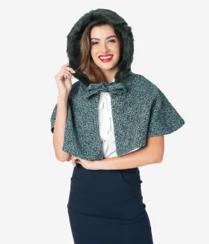 Voodoo Vixen 1940s Teal Herringbone Fur Hood Capelet