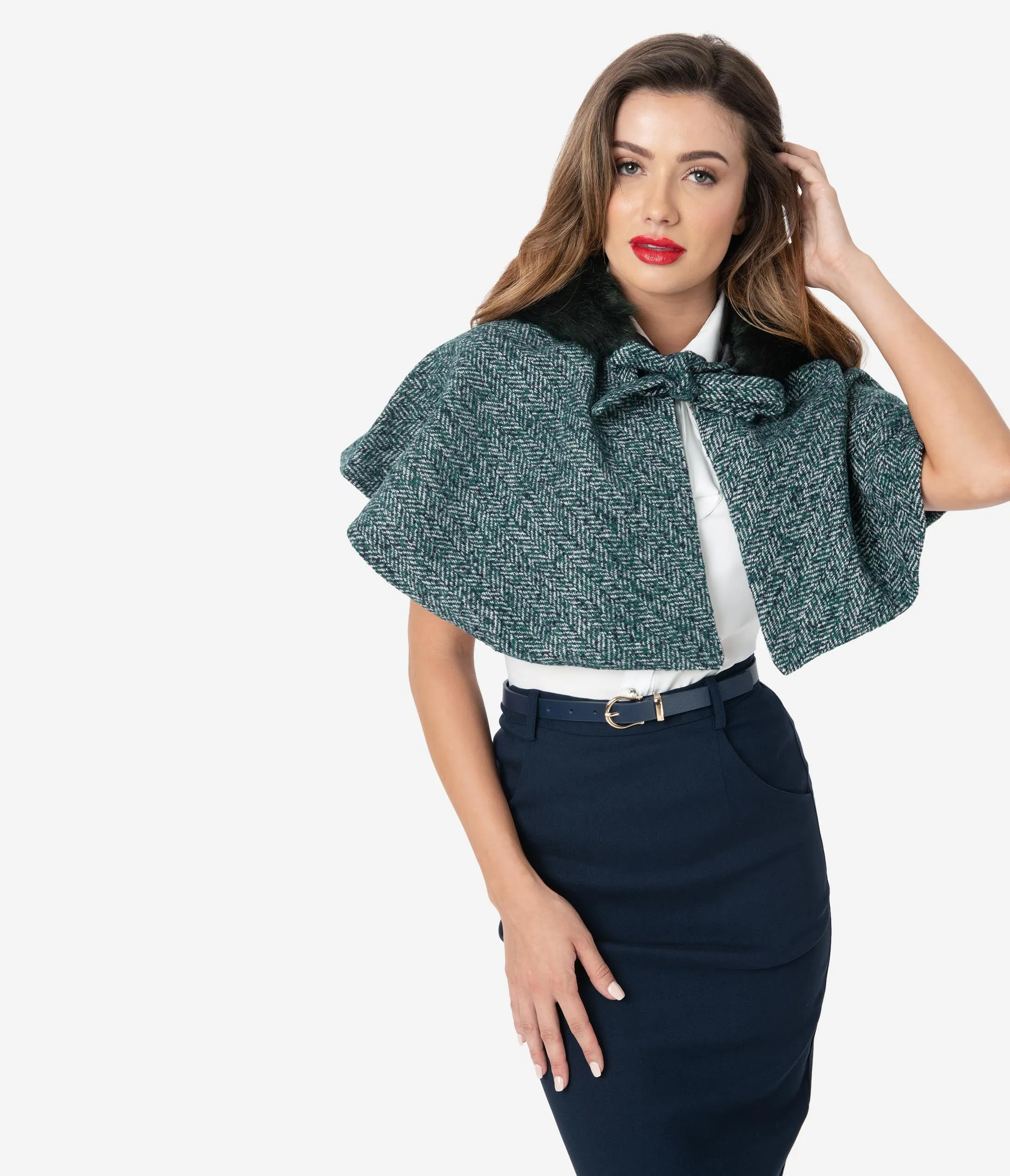 Voodoo Vixen 1940s Teal Herringbone Fur Hood Capelet
