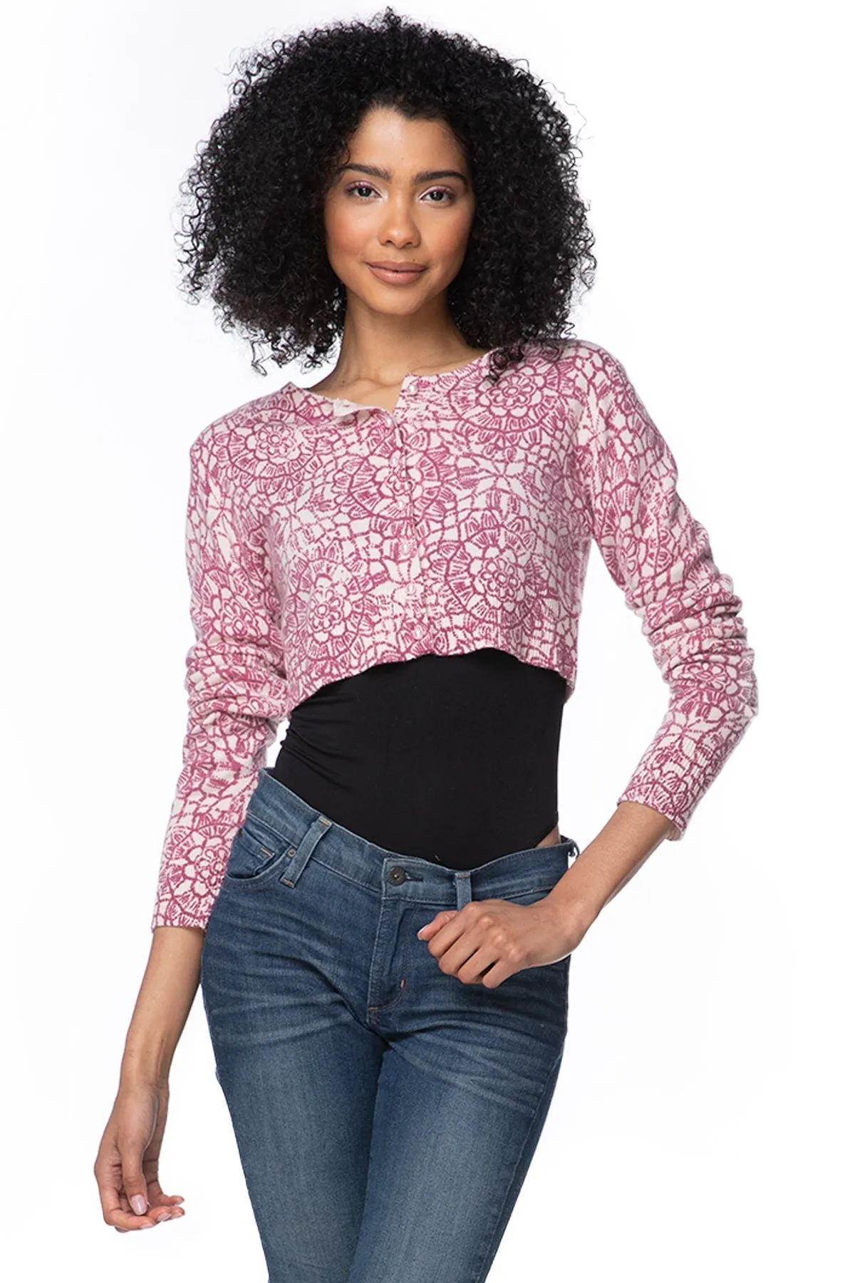 Washable Cashmere Printed Cropped Cardigan