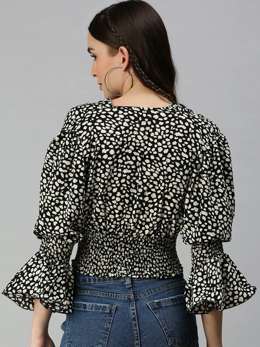 Women Black Animal Print Crepe Blouson Crop Top