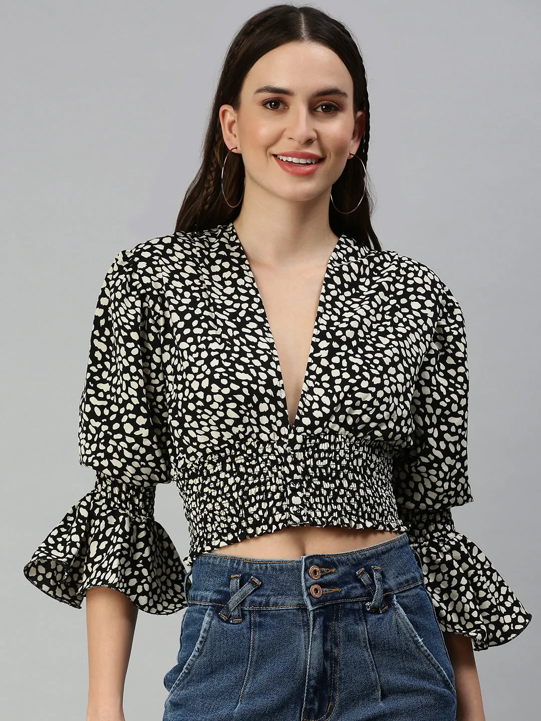 Women Black Animal Print Crepe Blouson Crop Top
