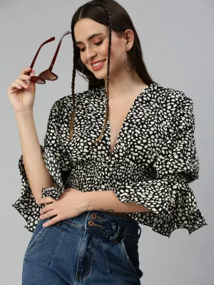 Women Black Animal Print Crepe Blouson Crop Top