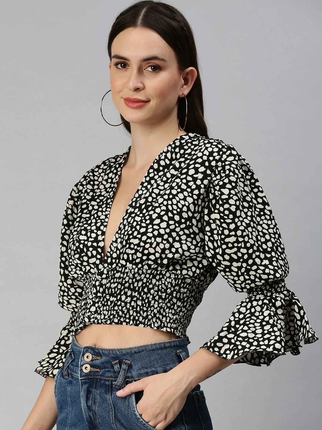 Women Black Animal Print Crepe Blouson Crop Top