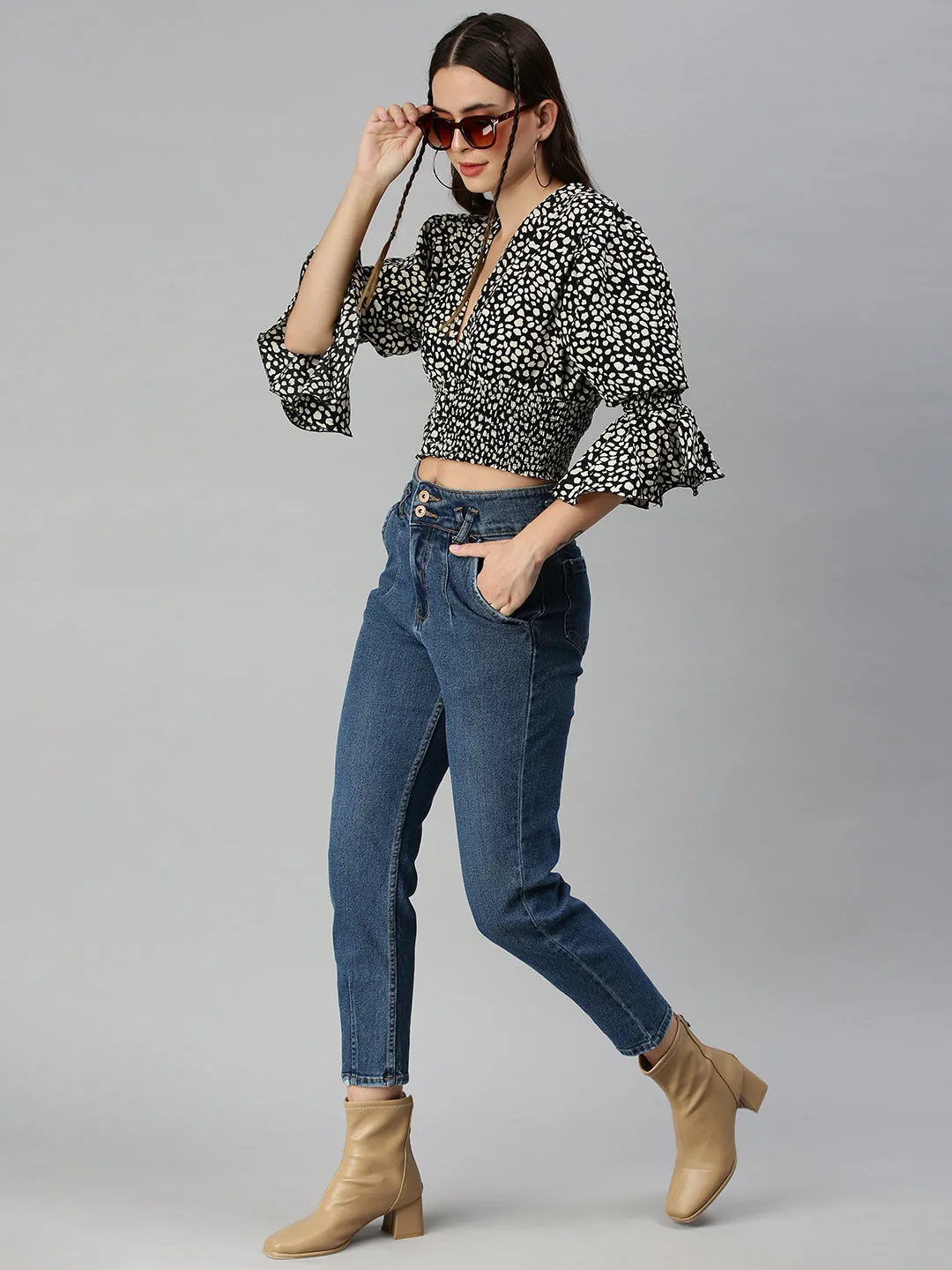 Women Black Animal Print Crepe Blouson Crop Top