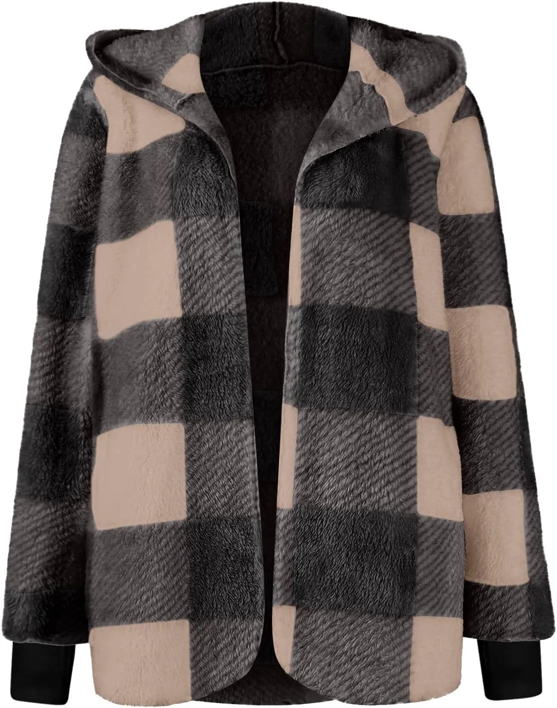 Women Fleece Jacket Fall Plaid Sherpa Jacket Open Front Flannel Hooded Cardigan Teddy Bear Coat with Pocket Outerwear