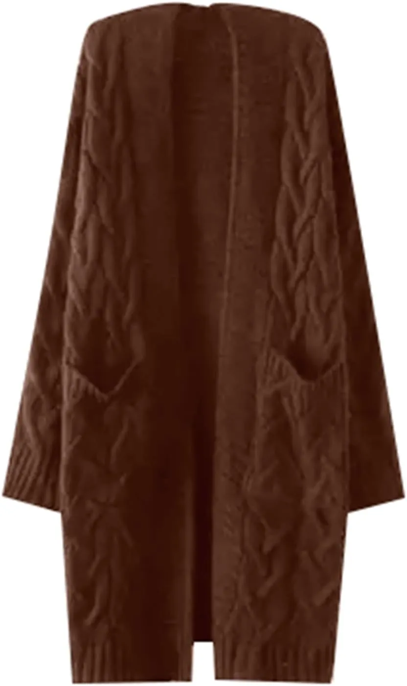 Women Hooded Open Front Cardigan Cable Knit Sweaters Oversized Solid Color Chunky Long Sweater Casual Coats