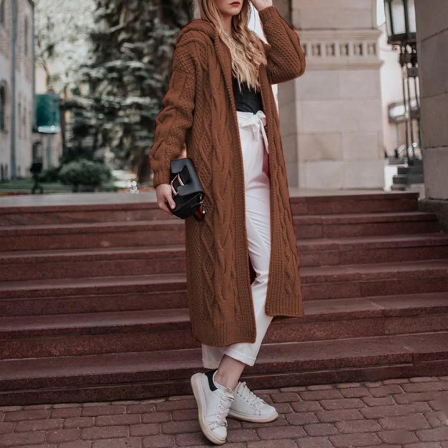 Women Hooded Open Front Cardigan Cable Knit Sweaters Oversized Solid Color Chunky Long Sweater Casual Coats