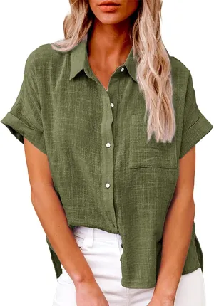 Women Short Sleeve Shirts Summer Linen Cotton Stand Button Shirts Minimalist Solid Loose Blouse Elegant Versatile Tops