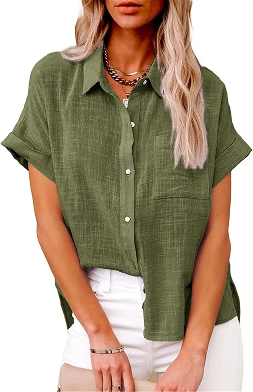 Women Short Sleeve Shirts Summer Linen Cotton Stand Button Shirts Minimalist Solid Loose Blouse Elegant Versatile Tops