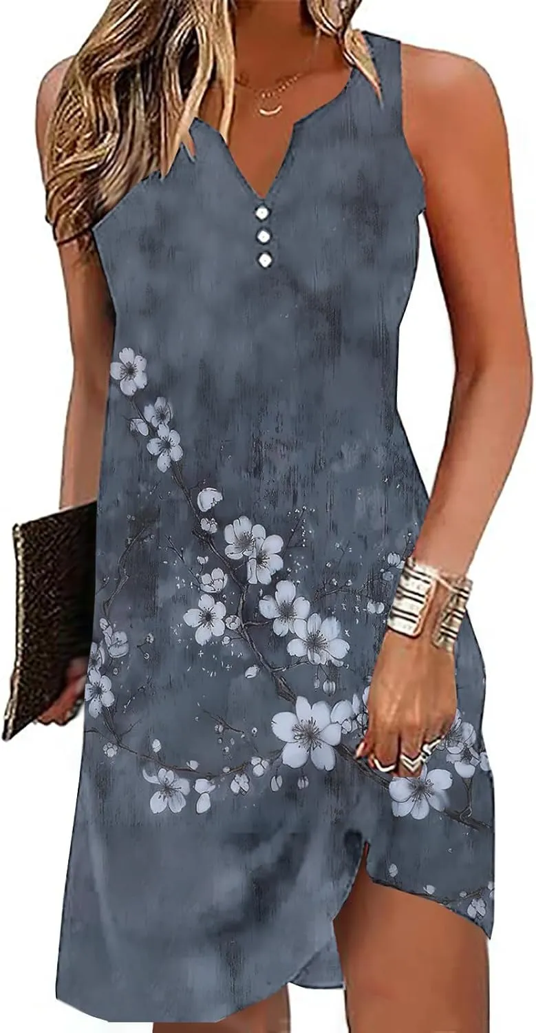 Women Sleeveless Casual Beach Dresses Boho Floral Print Sundress Comfortable Fashion Summer Clothes