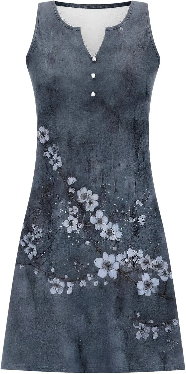 Women Sleeveless Casual Beach Dresses Boho Floral Print Sundress Comfortable Fashion Summer Clothes