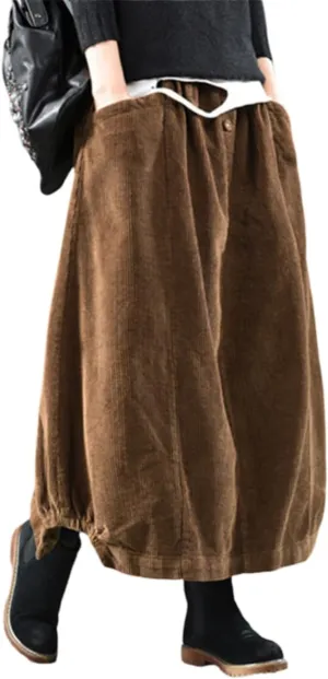 Women Vintage Button Front Bubble Corduroy Long Skirt with Pockets A-Line Silhouette Fall Midi Skirt Japanese Style