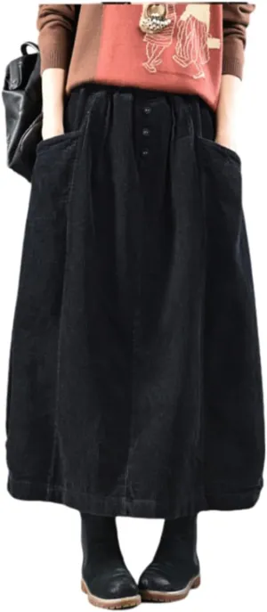 Women Vintage Button Front Bubble Corduroy Long Skirt with Pockets A-Line Silhouette Fall Midi Skirt Japanese Style