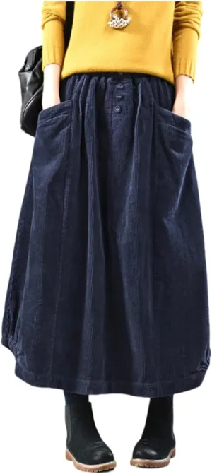 Women Vintage Button Front Bubble Corduroy Long Skirt with Pockets A-Line Silhouette Fall Midi Skirt Japanese Style